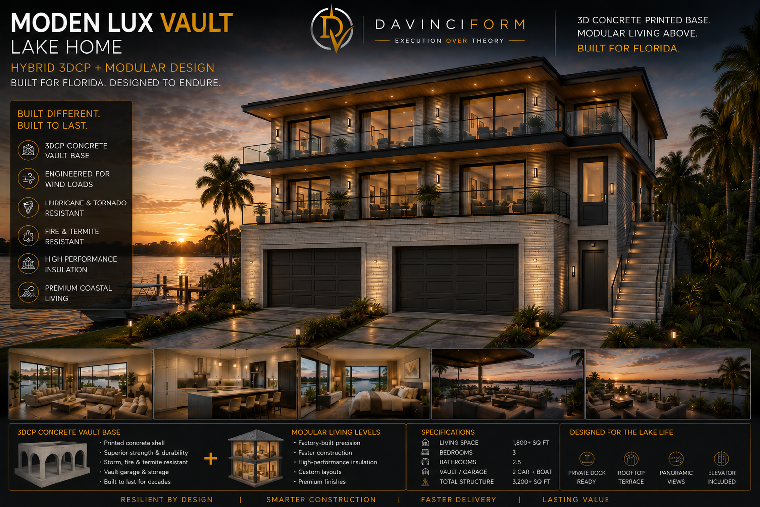 Moden Lux Vault Lake Home — hybrid 3DCP and modular waterfront residence at sunset with vault garage base