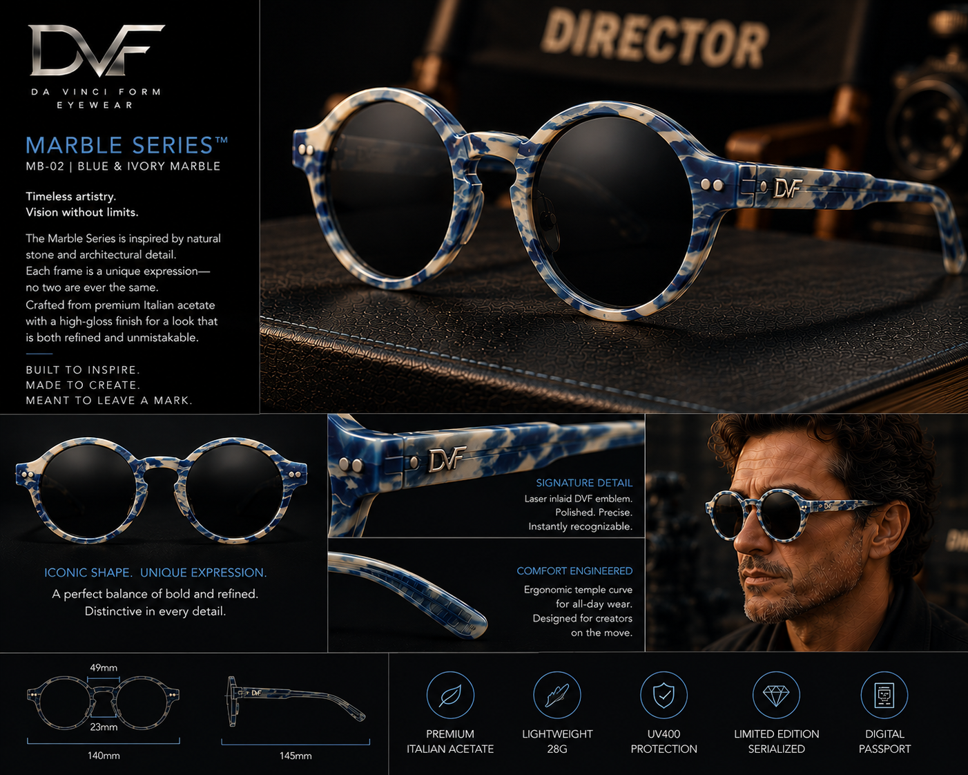 DVF Marble Series blue and ivory marble campaign board
