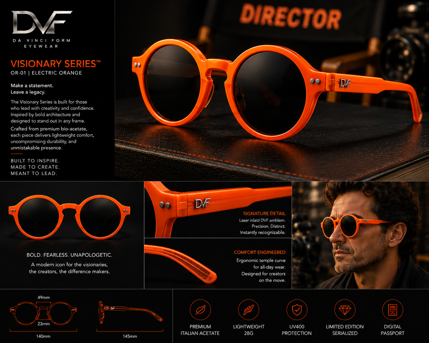 DVF Visionary Series electric orange campaign board