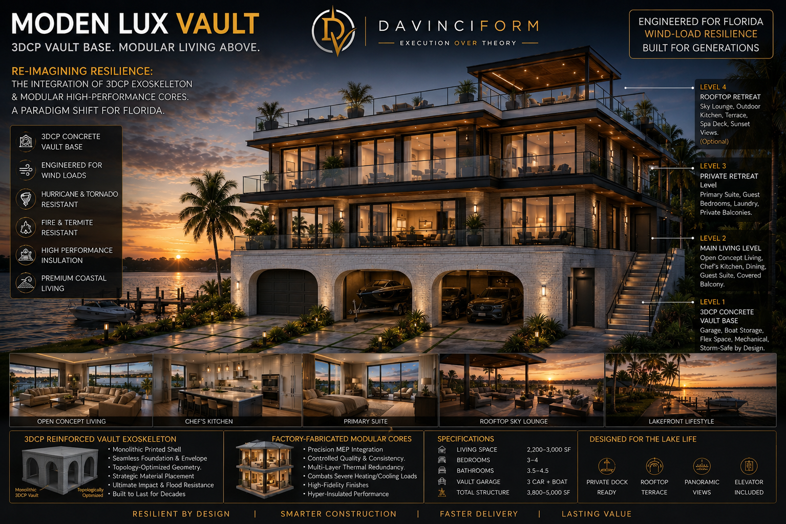 Moden Lux Vault residence overview — 3DCP vault base, modular living levels, and optional rooftop sky lounge with terrace