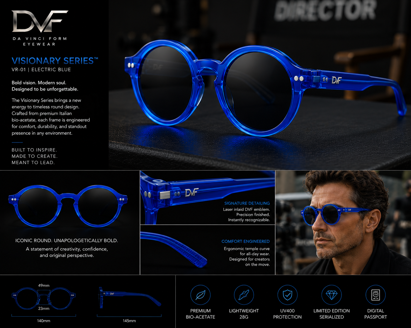 DVF Visionary Series electric blue campaign board